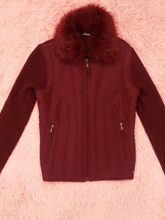 Dark Burgundy Fur-Trimmed Zip-Up Sweater