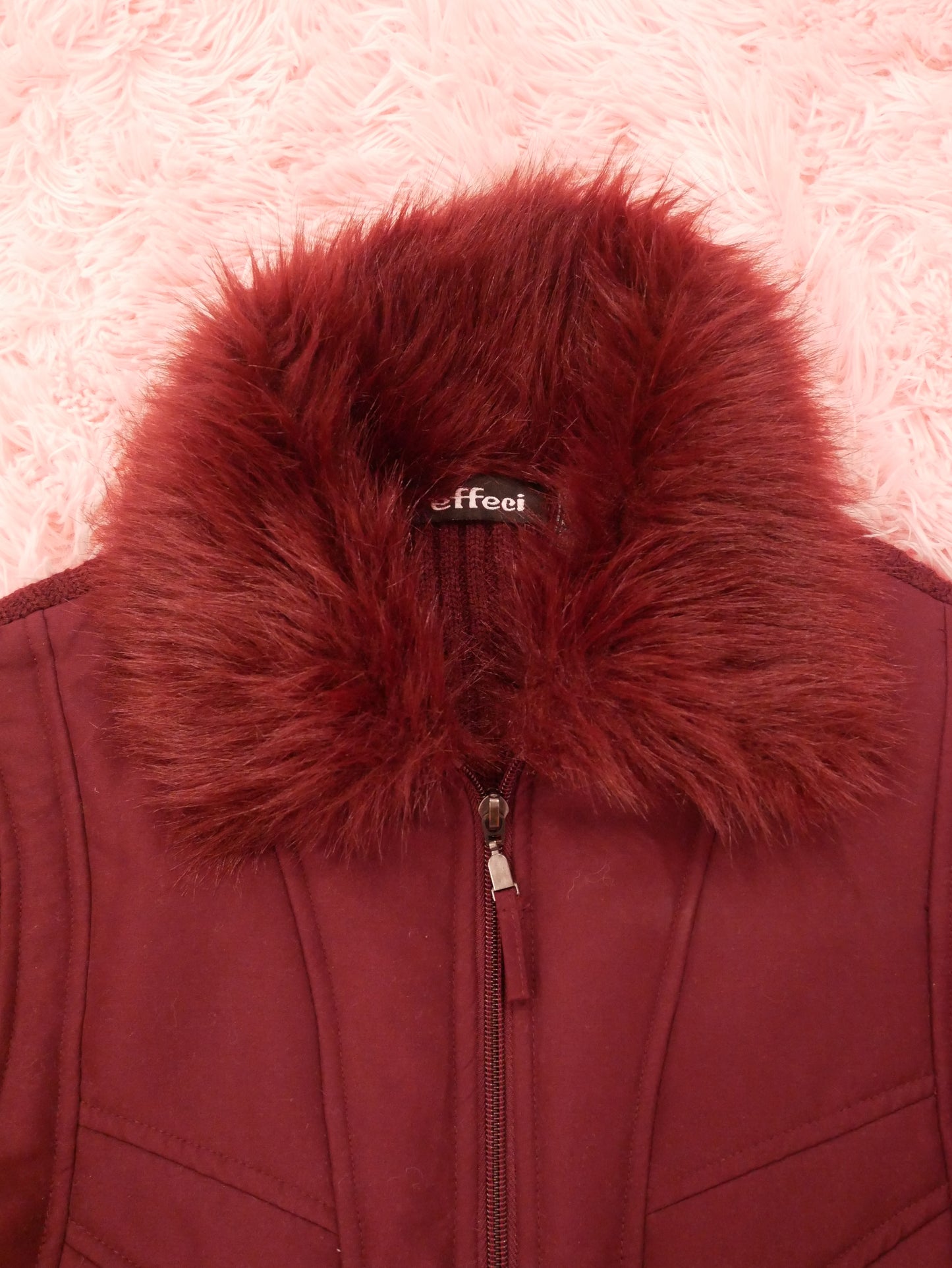 Dark Burgundy Fur-Trimmed Zip-Up Sweater